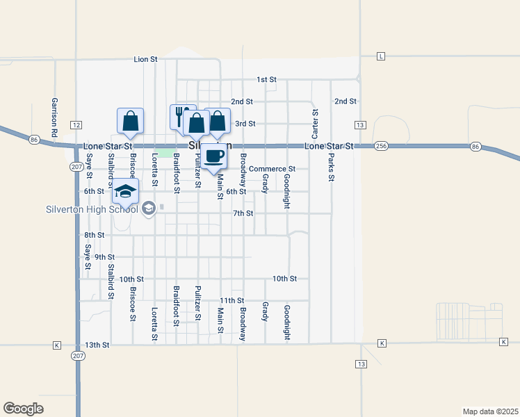 map of restaurants, bars, coffee shops, grocery stores, and more near 608 Grady in Silverton