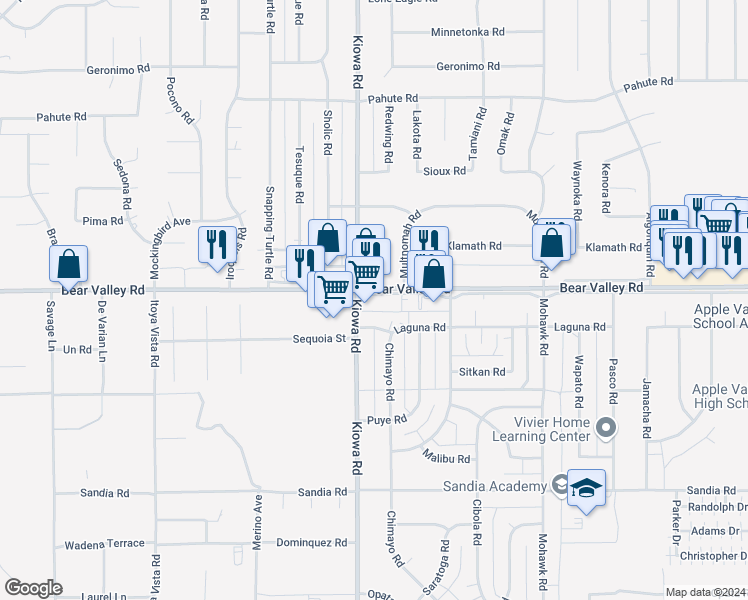 map of restaurants, bars, coffee shops, grocery stores, and more near Bear Valley Road in Apple Valley