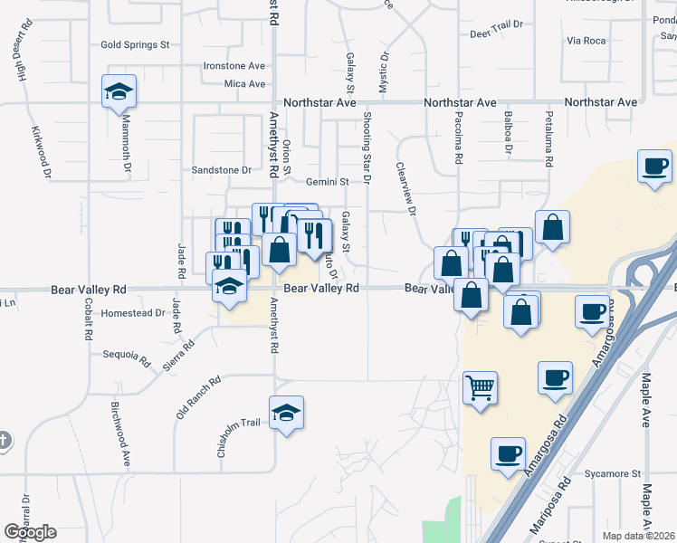 map of restaurants, bars, coffee shops, grocery stores, and more near 12125 Pluto Drive in Victorville
