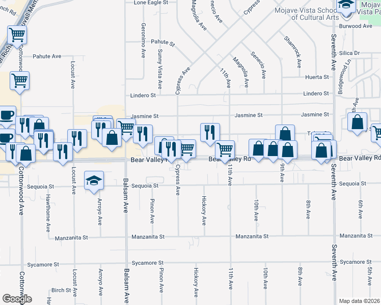 map of restaurants, bars, coffee shops, grocery stores, and more near 15554 Bear Valley Road in Victorville