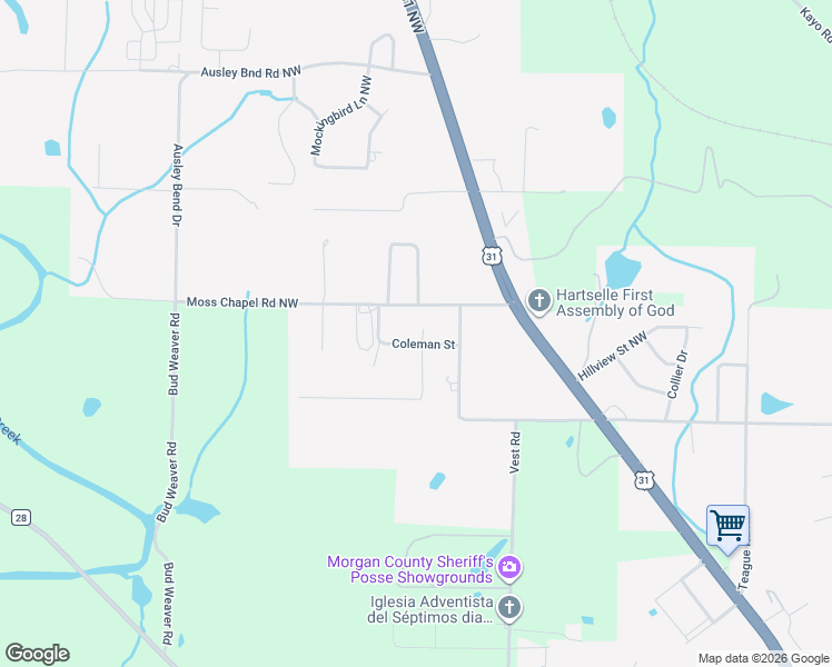map of restaurants, bars, coffee shops, grocery stores, and more near 1413 Coleman Street in Hartselle
