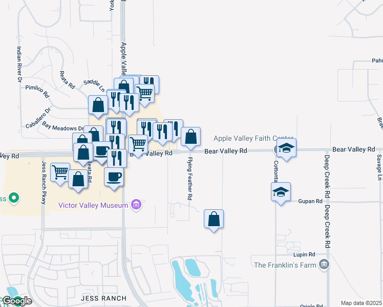 map of restaurants, bars, coffee shops, grocery stores, and more near 19575 Bear Valley Road in Apple Valley