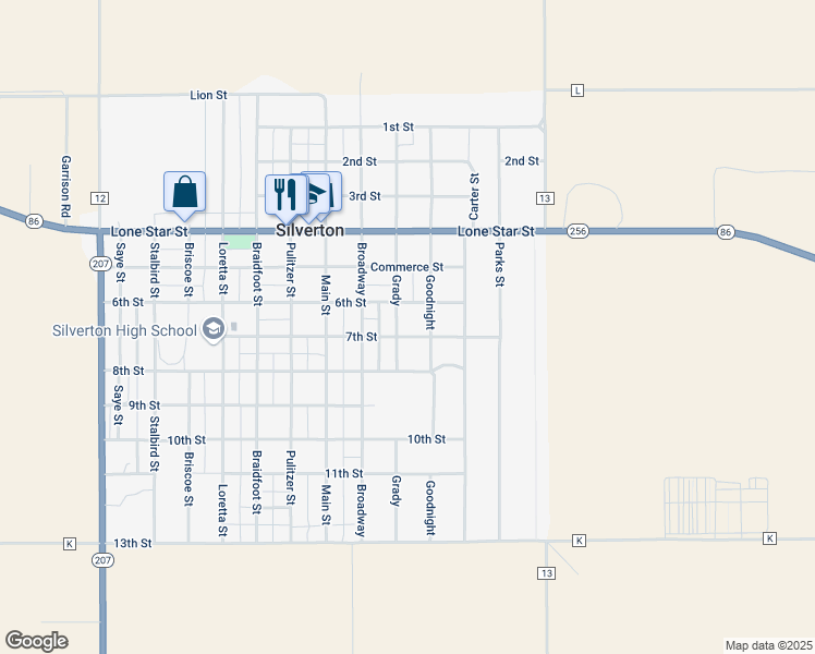 map of restaurants, bars, coffee shops, grocery stores, and more near 608 Grady in Silverton