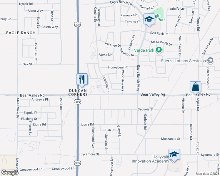 map of restaurants, bars, coffee shops, grocery stores, and more near 12337 Southwind Street in Victorville