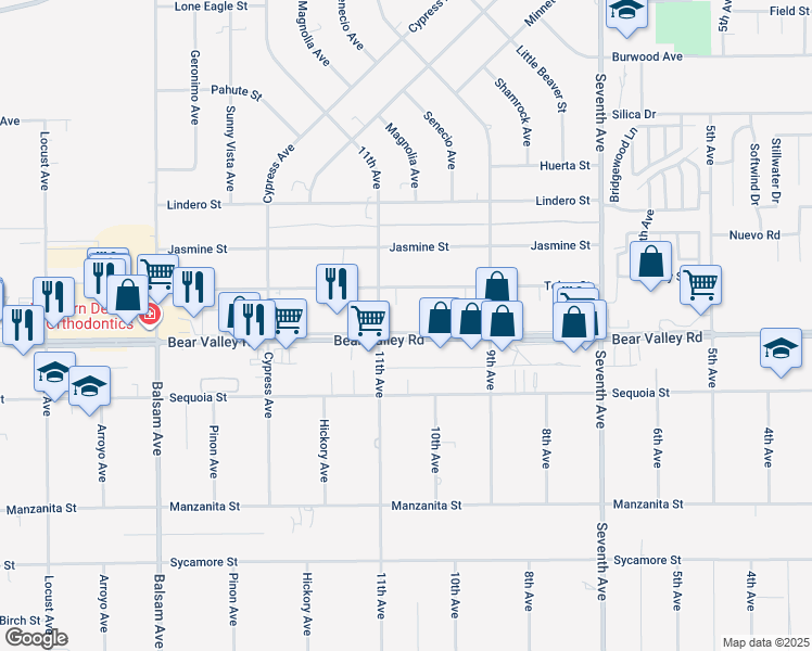 map of restaurants, bars, coffee shops, grocery stores, and more near 15744 Bear Valley Road in Victorville