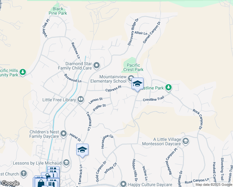 map of restaurants, bars, coffee shops, grocery stores, and more near 22302 Cypress Place in Santa Clarita