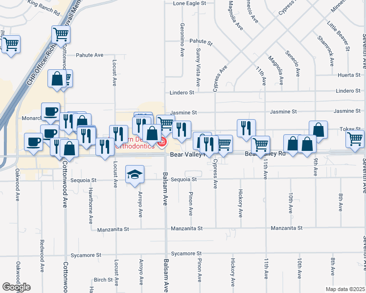 map of restaurants, bars, coffee shops, grocery stores, and more near 15370 Bear Valley Road in Victorville