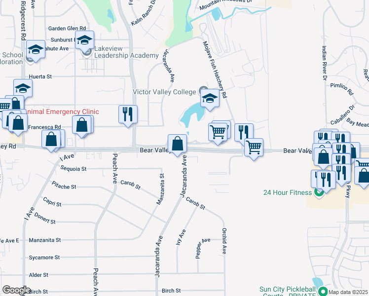map of restaurants, bars, coffee shops, grocery stores, and more near Bear Valley Road & Jacaranda Avenue in Hesperia