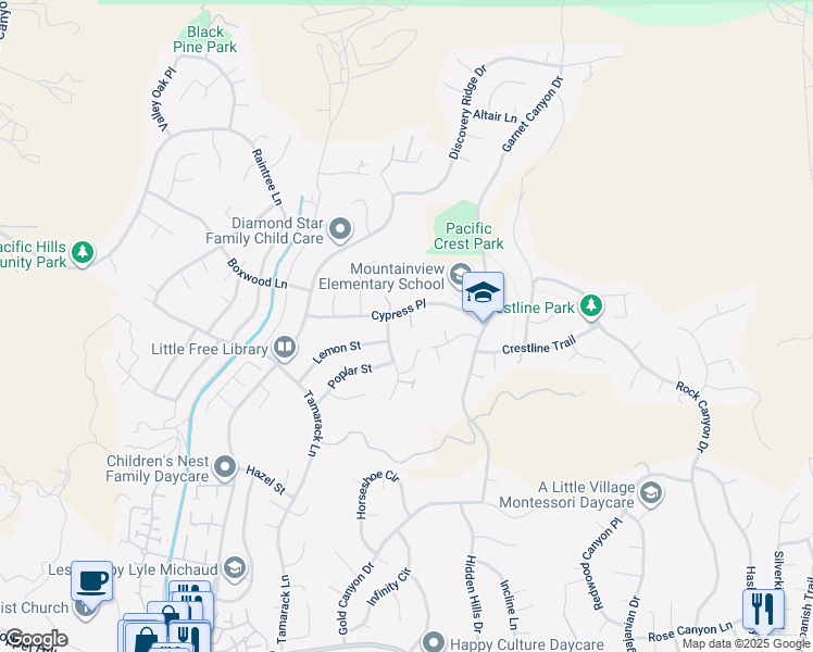 map of restaurants, bars, coffee shops, grocery stores, and more near 22302 Cypress Place in Santa Clarita