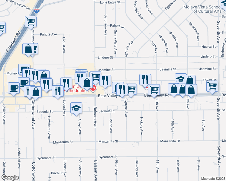 map of restaurants, bars, coffee shops, grocery stores, and more near 15418 Bear Valley Road in Victorville