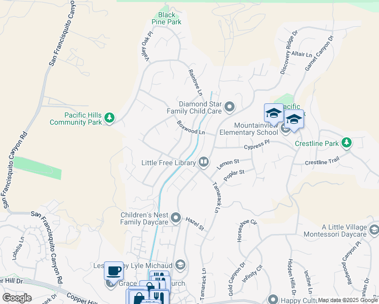 map of restaurants, bars, coffee shops, grocery stores, and more near 28730 Raintree Lane in Santa Clarita