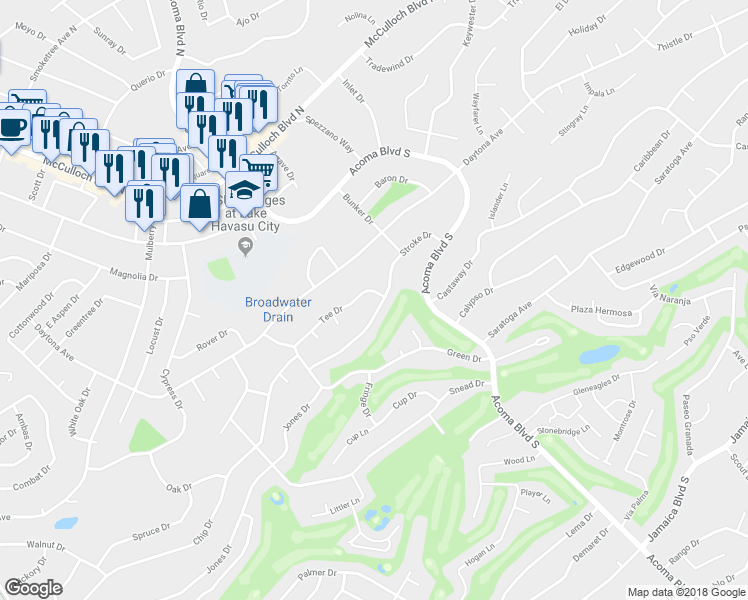 map of restaurants, bars, coffee shops, grocery stores, and more near 2400 Tee Drive in Lake Havasu City