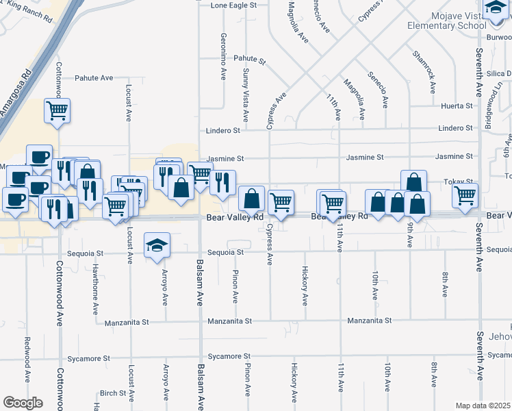 map of restaurants, bars, coffee shops, grocery stores, and more near 15444 Bear Valley Road in Victorville