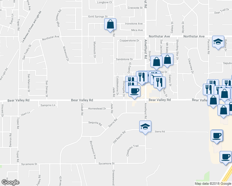 map of restaurants, bars, coffee shops, grocery stores, and more near 12152 Cobblestone Drive in Victorville