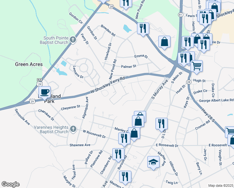 map of restaurants, bars, coffee shops, grocery stores, and more near 54 Jonathans Joy Circle in Anderson