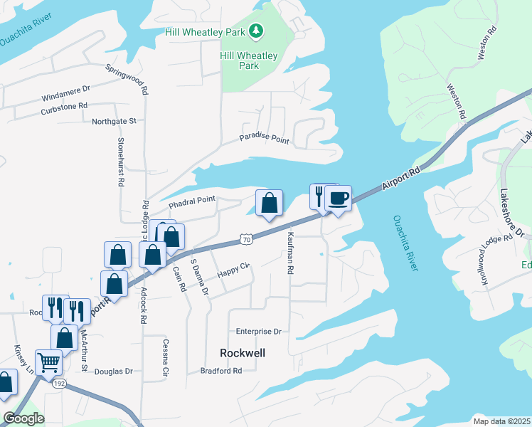 map of restaurants, bars, coffee shops, grocery stores, and more near 1412 Airport Road in Rockwell
