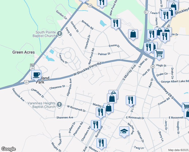 map of restaurants, bars, coffee shops, grocery stores, and more near 20 Wren Street in Anderson