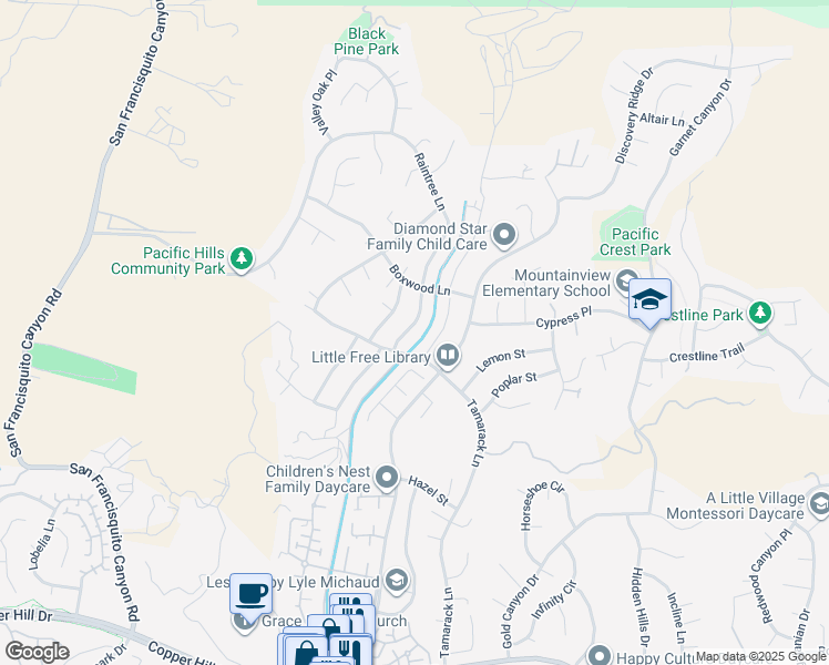 map of restaurants, bars, coffee shops, grocery stores, and more near 28730 Raintree Lane in Santa Clarita