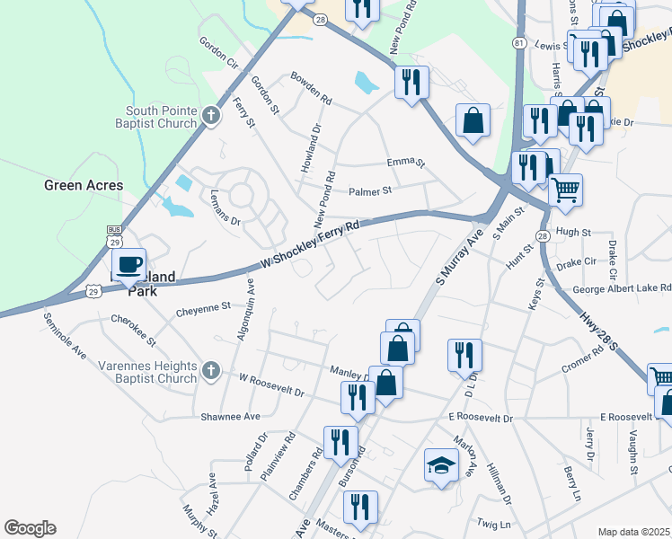 map of restaurants, bars, coffee shops, grocery stores, and more near 20 Wren Street in Anderson