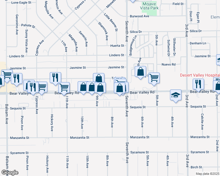 map of restaurants, bars, coffee shops, grocery stores, and more near 15980 Outer Bear Valley Road in Victorville