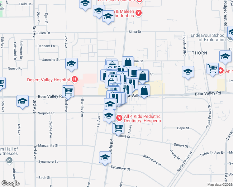 map of restaurants, bars, coffee shops, grocery stores, and more near 12130 Hesperia Road in Victorville