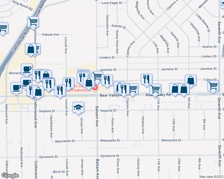 map of restaurants, bars, coffee shops, grocery stores, and more near 15370 Bear Valley Road in Victorville