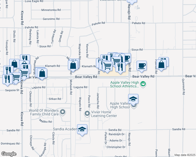 map of restaurants, bars, coffee shops, grocery stores, and more near 21469 Bear Valley Outerhighway South in Apple Valley