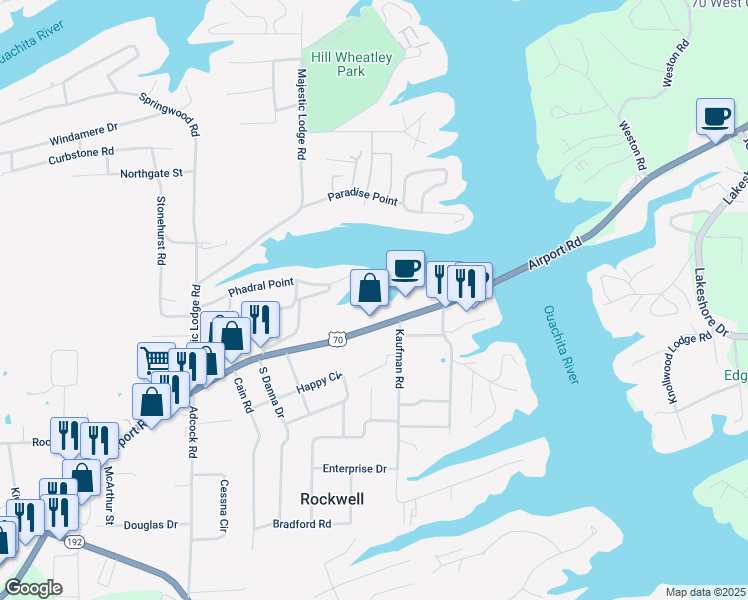 map of restaurants, bars, coffee shops, grocery stores, and more near 1412 Airport Road in Rockwell