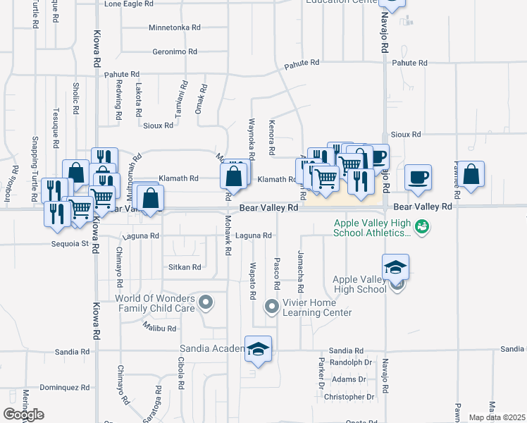map of restaurants, bars, coffee shops, grocery stores, and more near 21311 Bear Valley Outerhighway South in Apple Valley