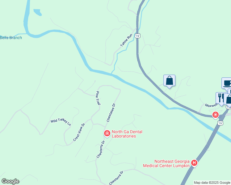 map of restaurants, bars, coffee shops, grocery stores, and more near 586 Pine Trail in Dahlonega