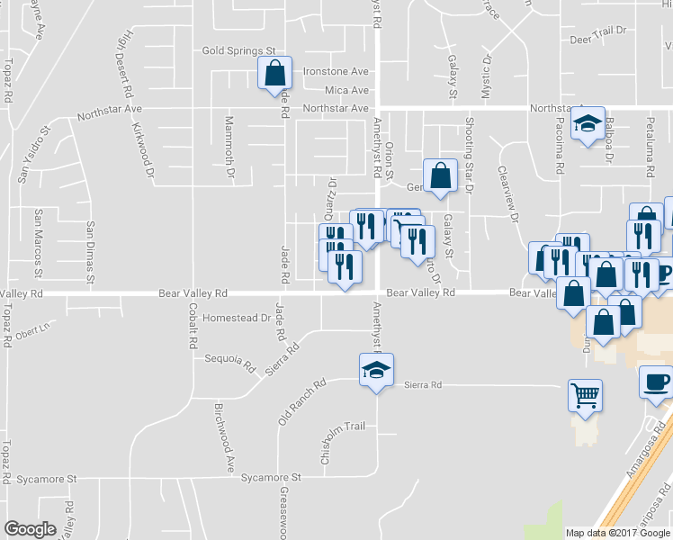 map of restaurants, bars, coffee shops, grocery stores, and more near 13622 Bear Valley Road in Victorville