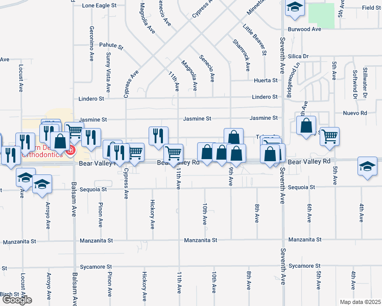map of restaurants, bars, coffee shops, grocery stores, and more near 15744 Bear Valley Road in Victorville