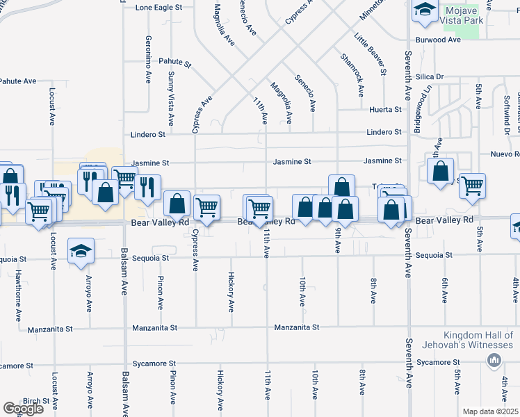 map of restaurants, bars, coffee shops, grocery stores, and more near 15682 Bear Valley Road in Victorville