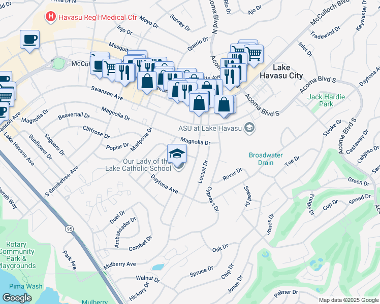 map of restaurants, bars, coffee shops, grocery stores, and more near 135 Greentree Drive in Lake Havasu City