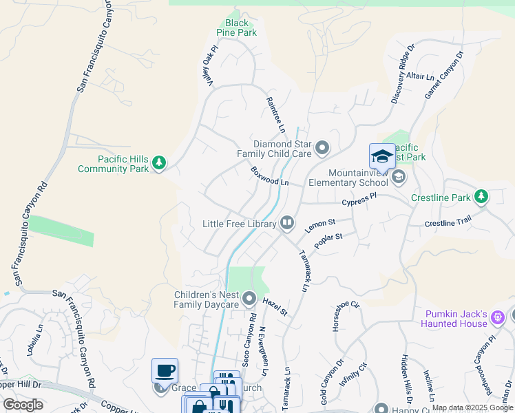 map of restaurants, bars, coffee shops, grocery stores, and more near 28721 Raintree Lane in Santa Clarita