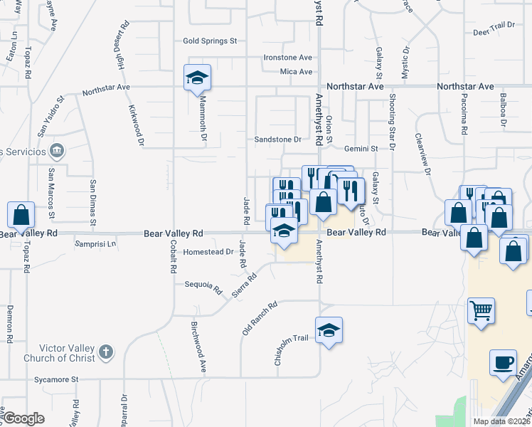 map of restaurants, bars, coffee shops, grocery stores, and more near 12154 Stonegate Drive in Victorville