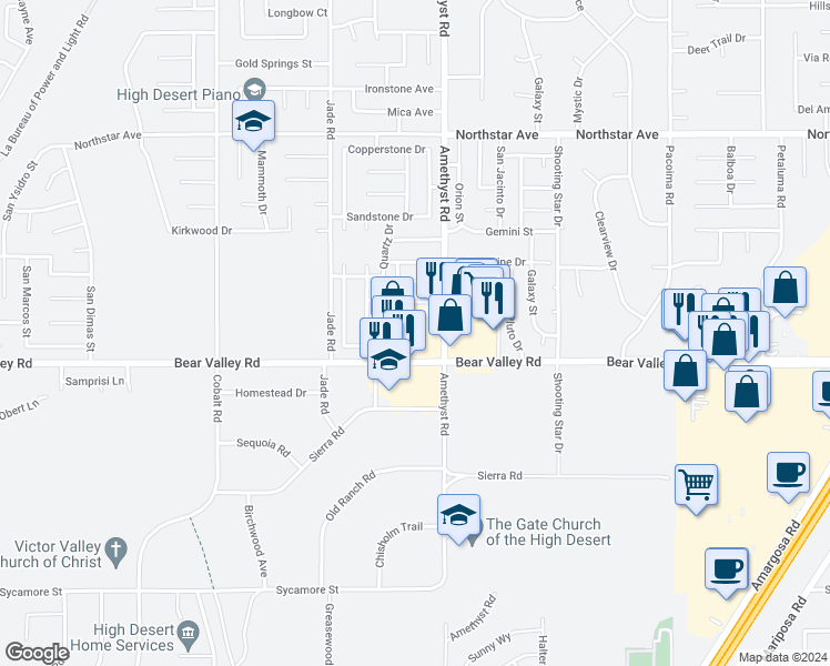 map of restaurants, bars, coffee shops, grocery stores, and more near 13660 Bear Valley Road in Victorville