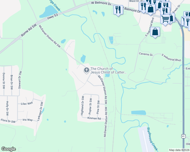 map of restaurants, bars, coffee shops, grocery stores, and more near 501 McDaniel Station Road Southwest in Calhoun