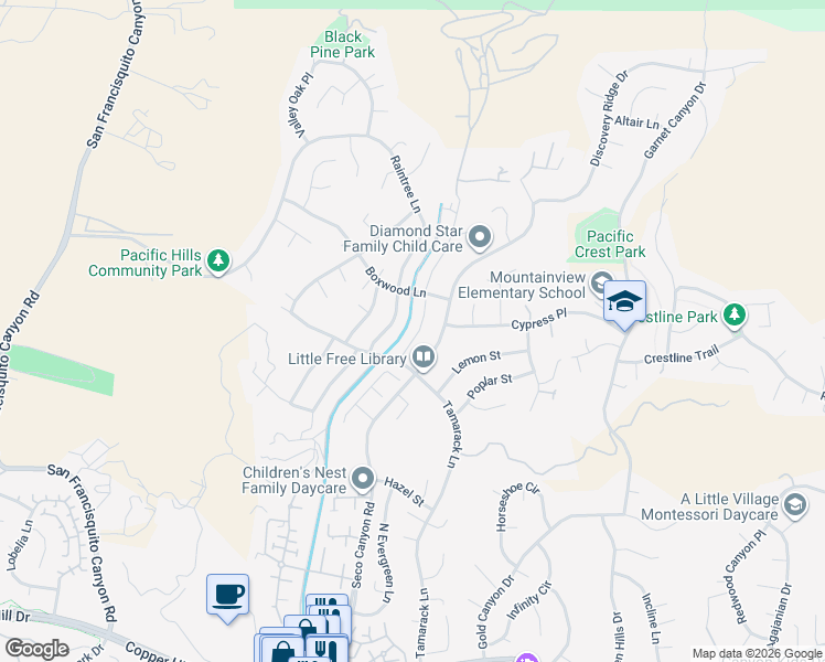 map of restaurants, bars, coffee shops, grocery stores, and more near 28735 Citrus Place in Santa Clarita