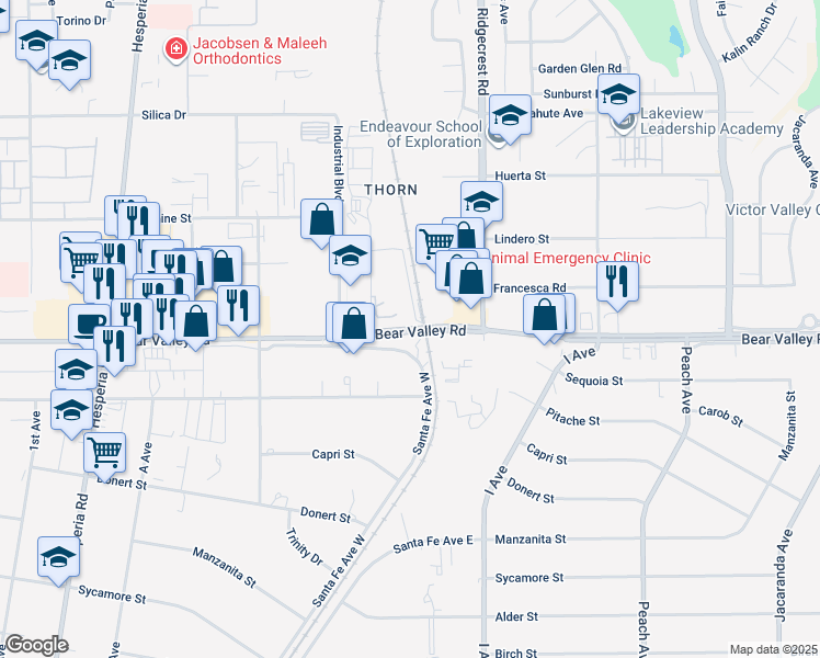 map of restaurants, bars, coffee shops, grocery stores, and more near Bear Valley Road in San Bernardino County