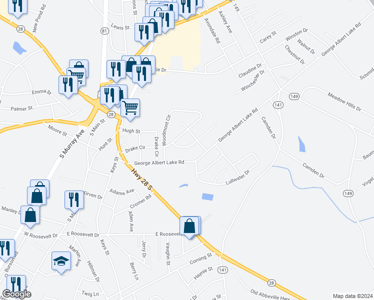 map of restaurants, bars, coffee shops, grocery stores, and more near 644 Woodvale Road in Anderson