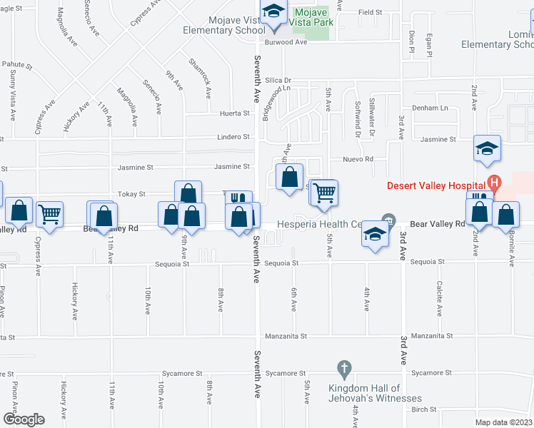 map of restaurants, bars, coffee shops, grocery stores, and more near 16120 Bear Valley Road in Victorville