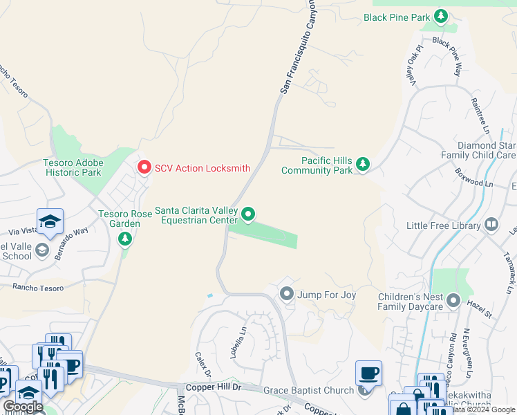 map of restaurants, bars, coffee shops, grocery stores, and more near 28774 San Francisquito Canyon Road in Santa Clarita