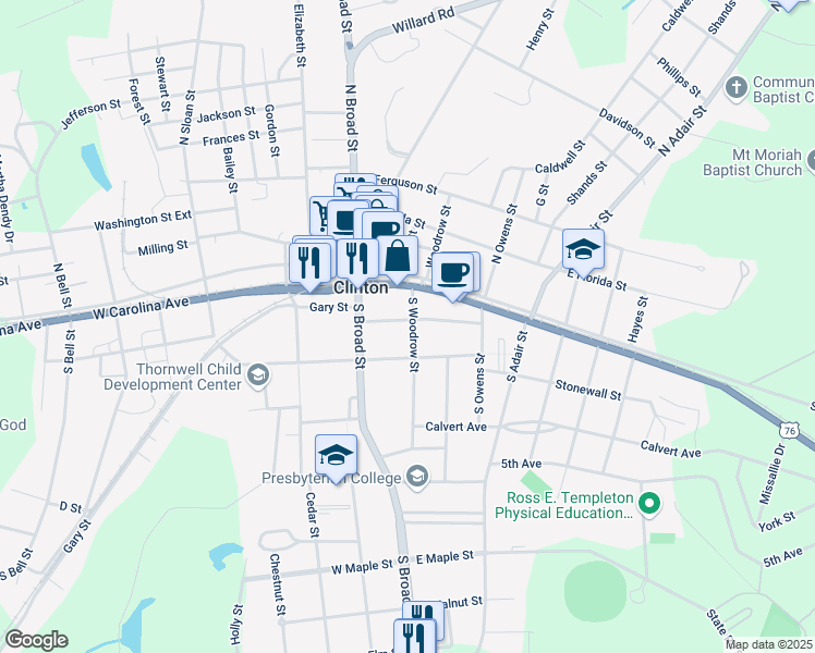 map of restaurants, bars, coffee shops, grocery stores, and more near 200 South Woodrow Street in Clinton