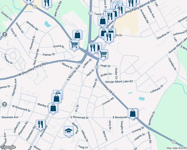 map of restaurants, bars, coffee shops, grocery stores, and more near 2900 Abbeville Highway in Anderson