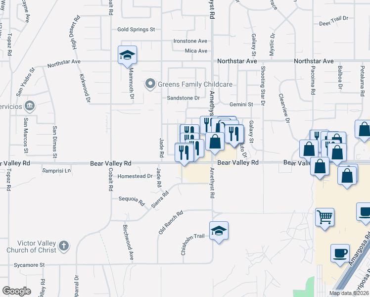 map of restaurants, bars, coffee shops, grocery stores, and more near 13622 Bear Valley Road in Victorville