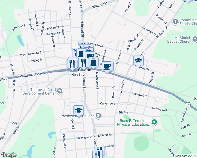 map of restaurants, bars, coffee shops, grocery stores, and more near 200 South Woodrow Street in Clinton