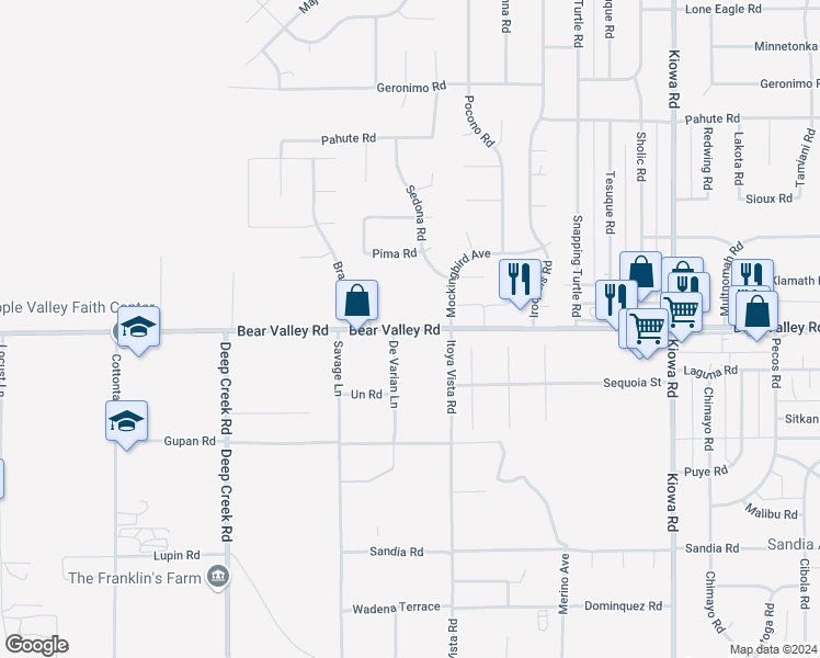 map of restaurants, bars, coffee shops, grocery stores, and more near Bear Valley Road in Apple Valley