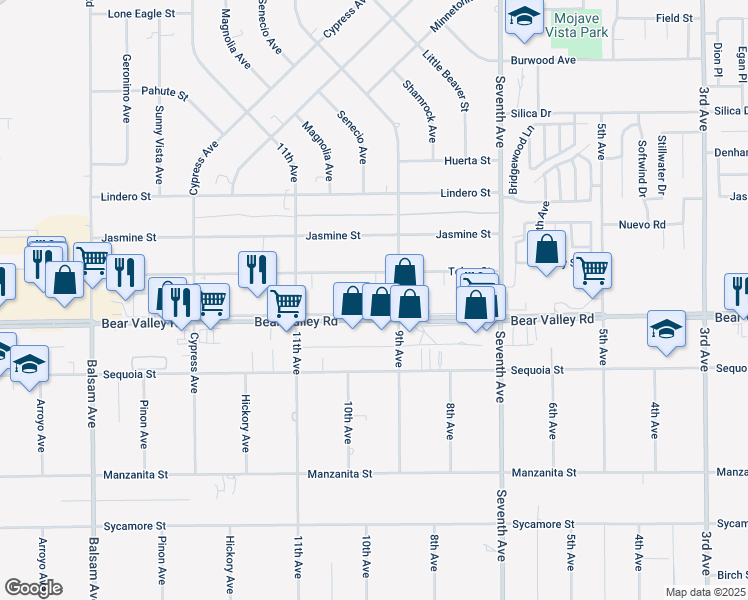 map of restaurants, bars, coffee shops, grocery stores, and more near 15858 Bear Valley Road in Victorville