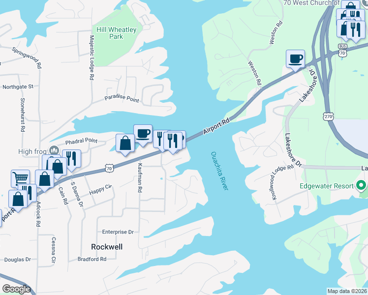 map of restaurants, bars, coffee shops, grocery stores, and more near 1318 Airport Road in Hot Springs